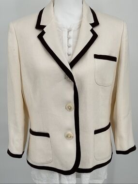 Lauren Ralph Lauren Cream Linen Contrast Trim Blazer Ivory Black Size 14